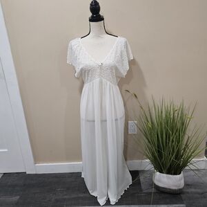 Shadow line vintage white lace silky Nylon empire waist nightgown midi lenght